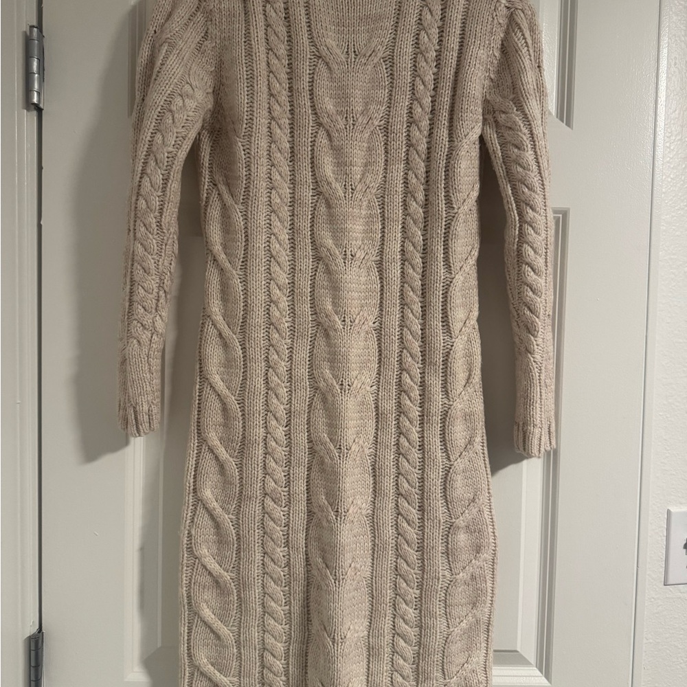 Elegant Cable Knit Long Sleeve Dress - Cream